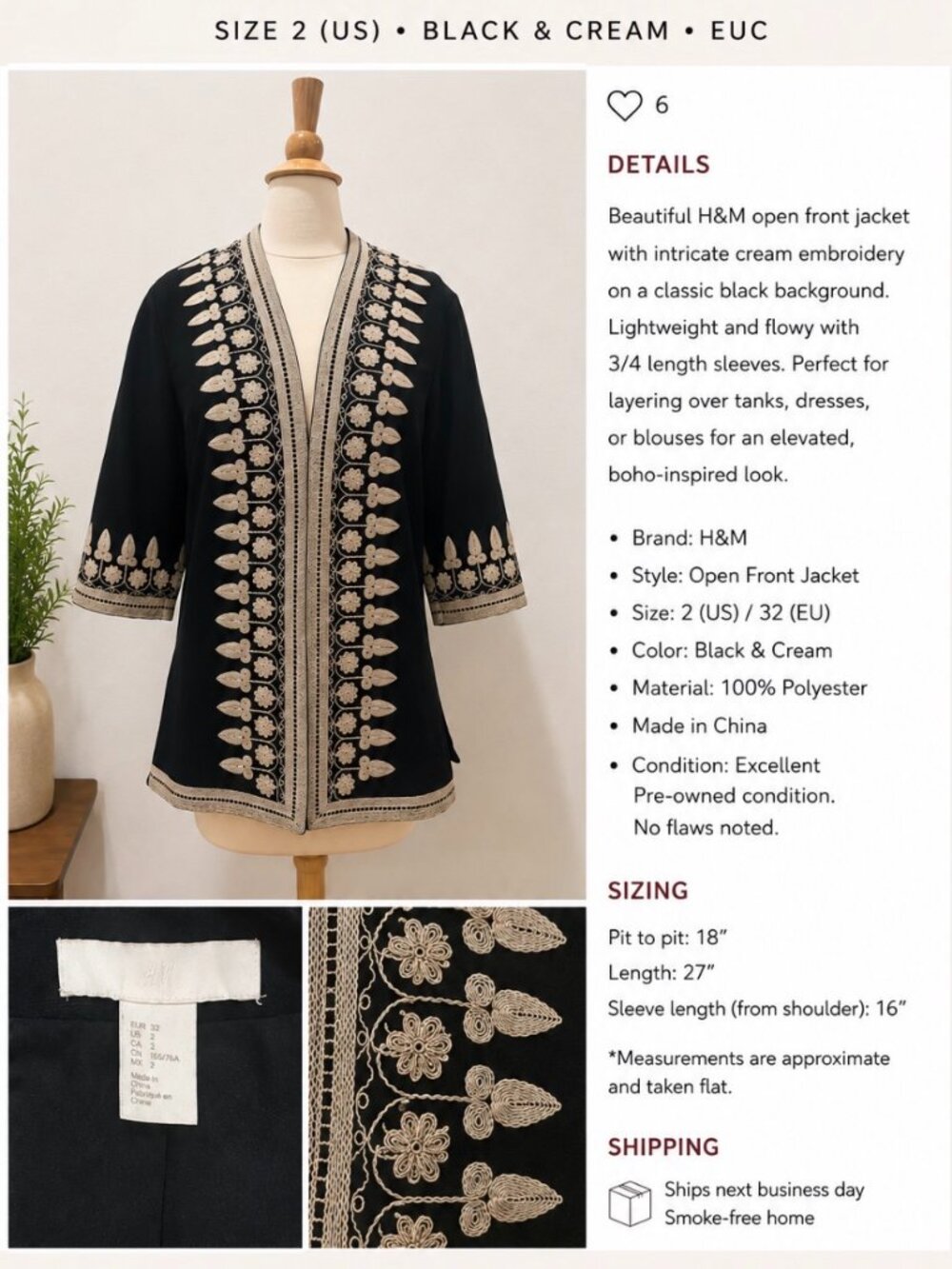 H&M Embroidered Open Front Jacket Size 2 Black Cream Boho Kimono EUC
